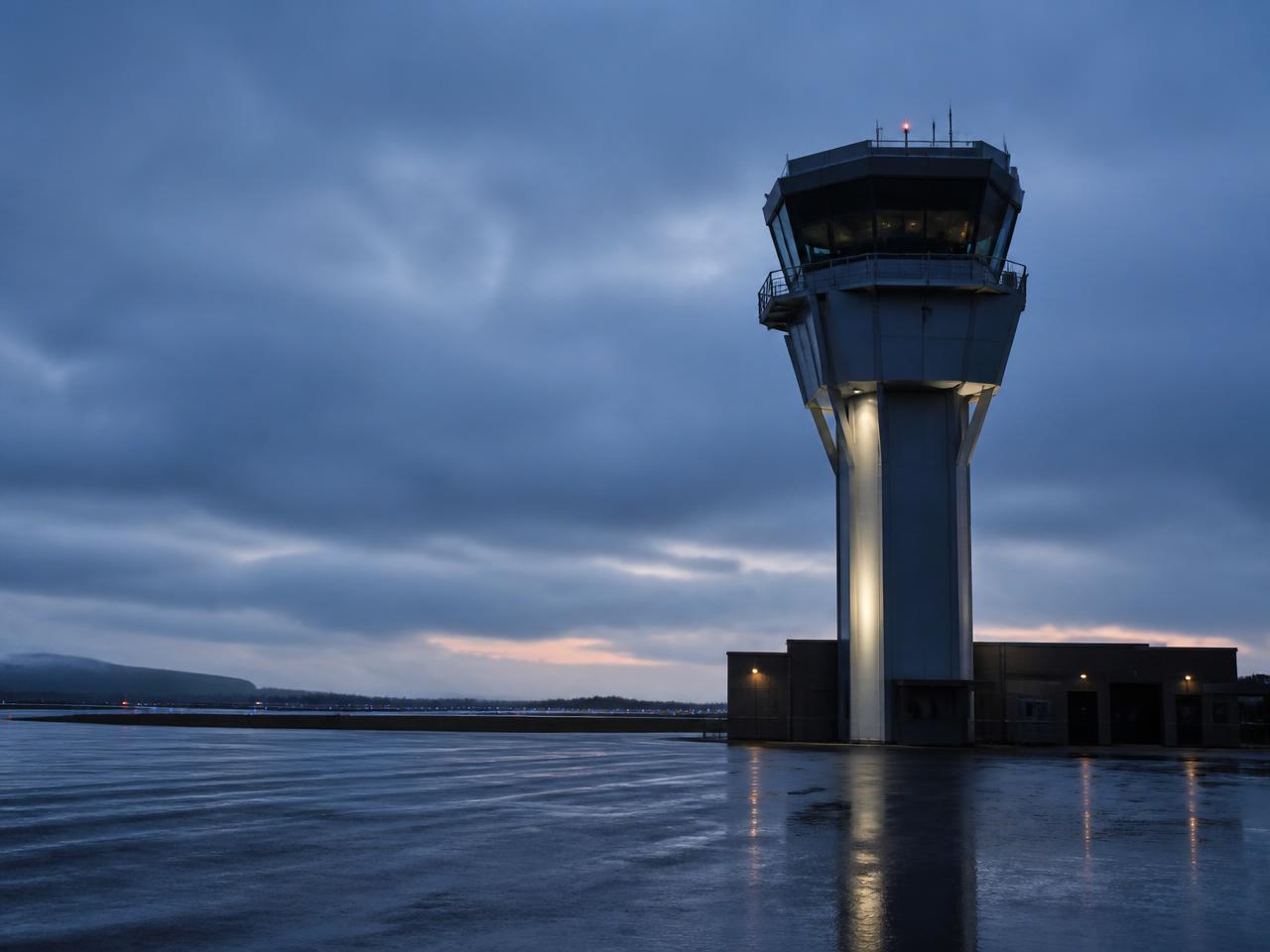Airport control tower on wet tarmac at blue hour