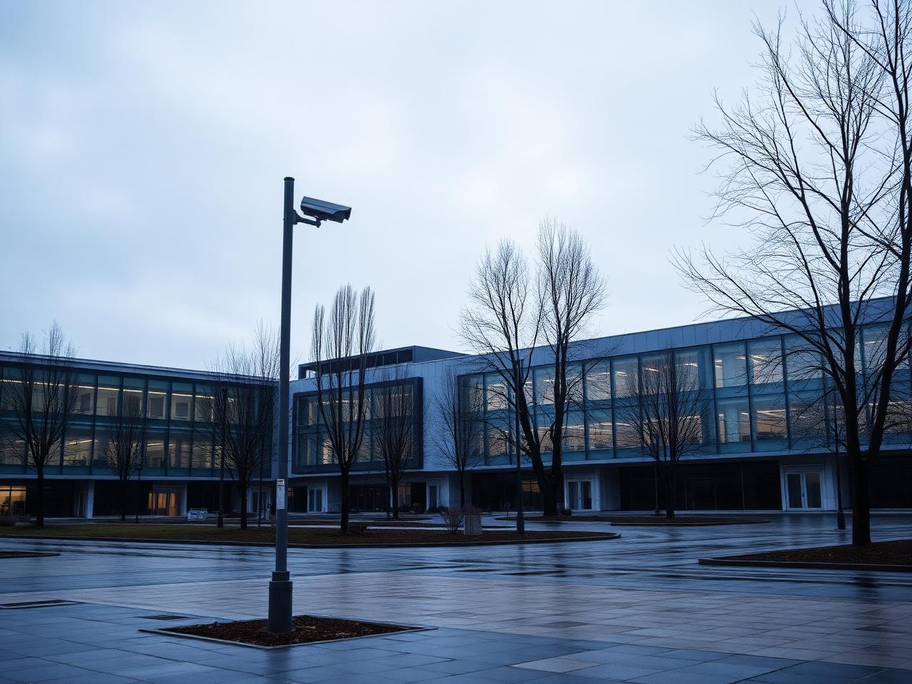 Modern Nordic campus with glass buildings and a security camera pole at blue hour