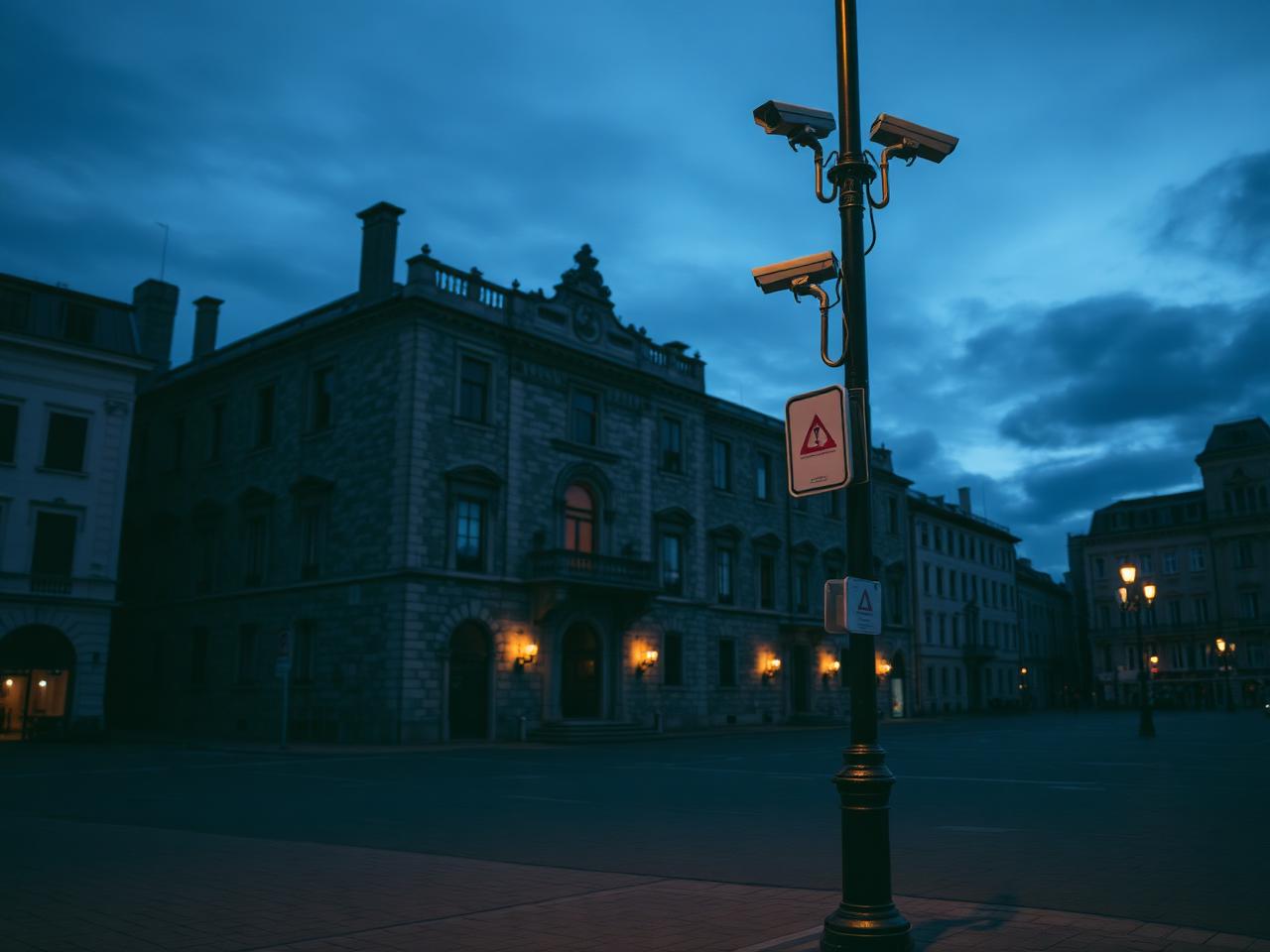 Historic stone landmark and empty public square at dusk
