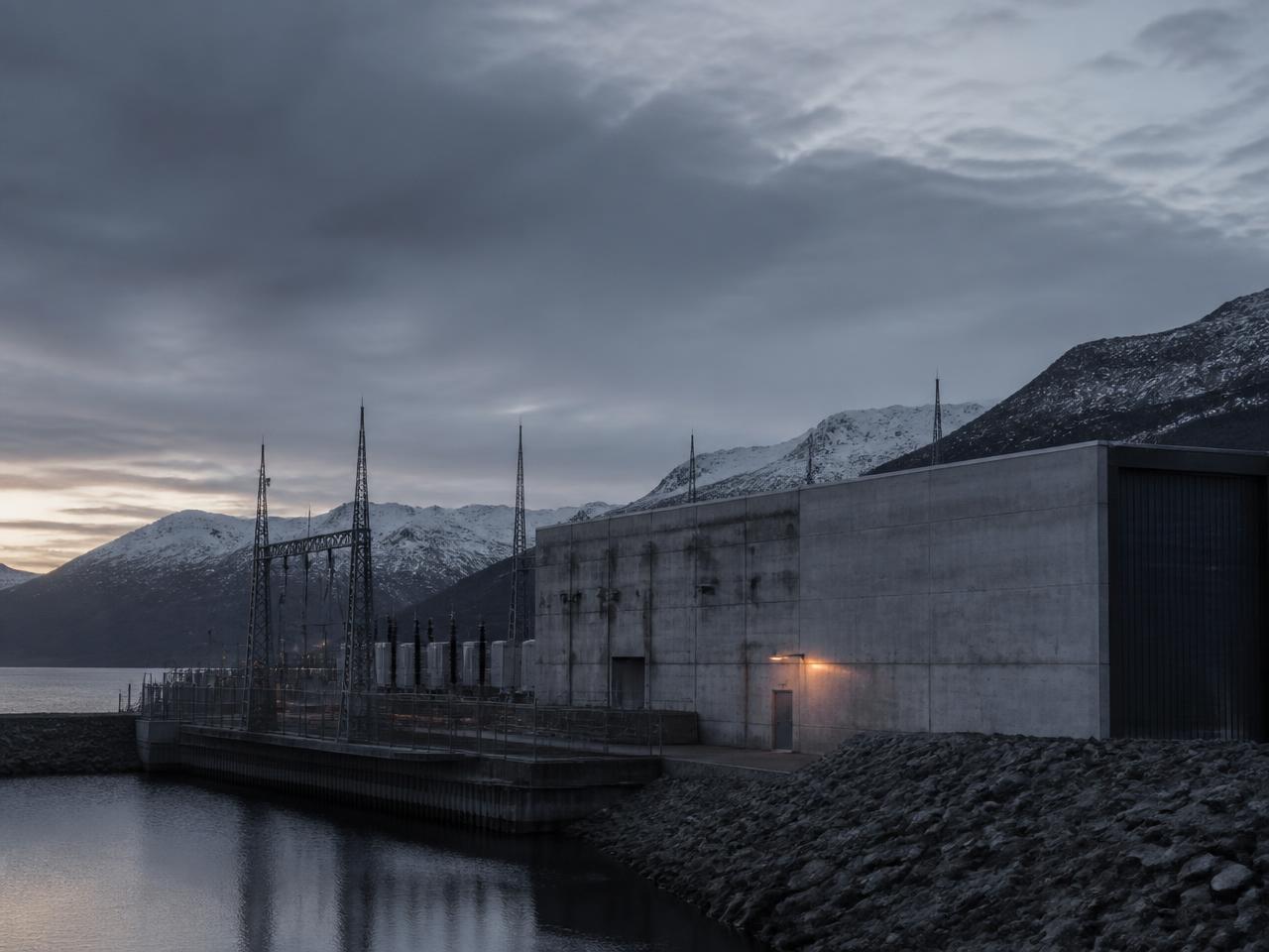 Energy facility with substation masts beside a Norwegian fjord at dusk