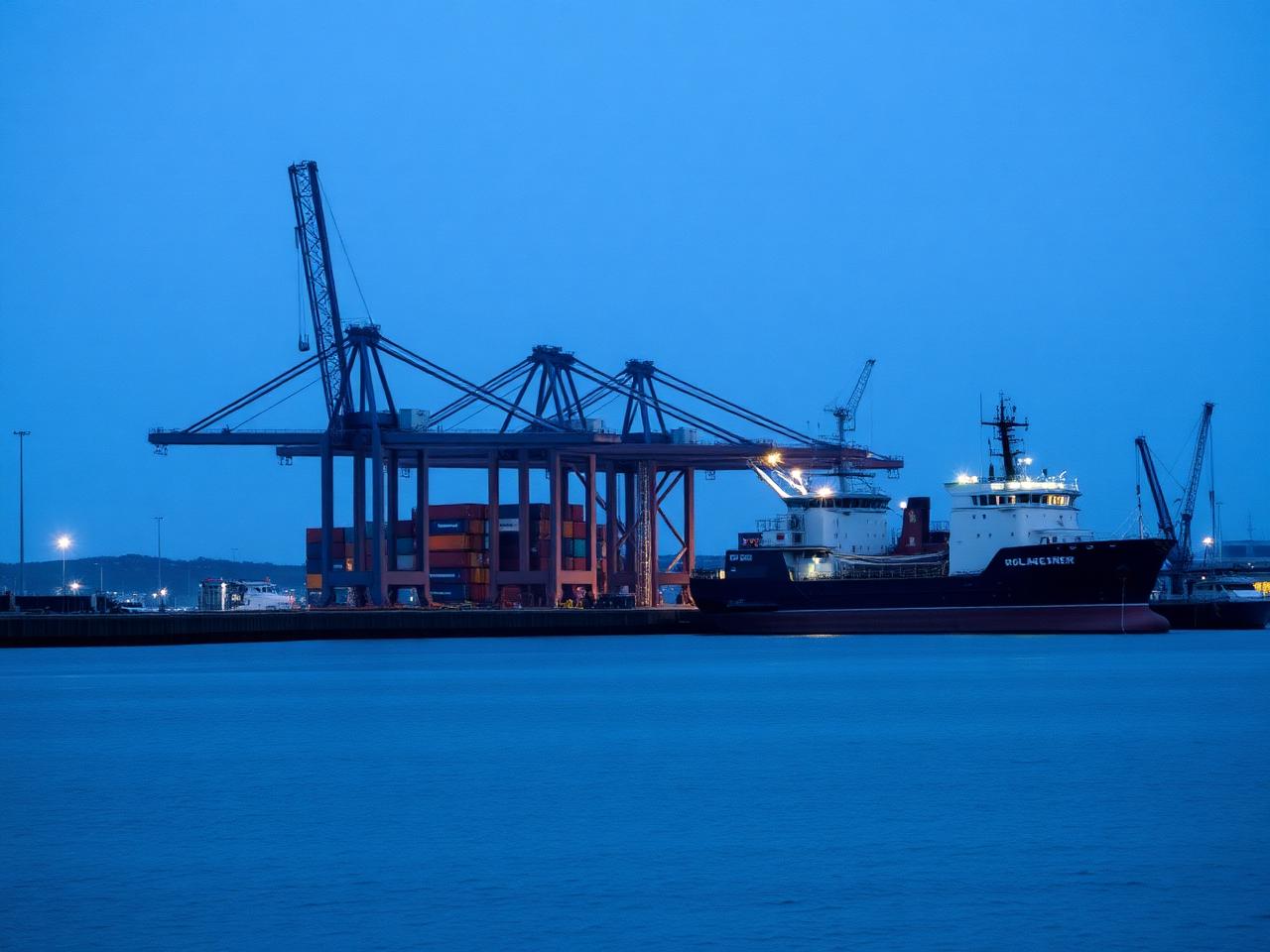 Nordic commercial port at blue hour with container cranes and a moored vessel